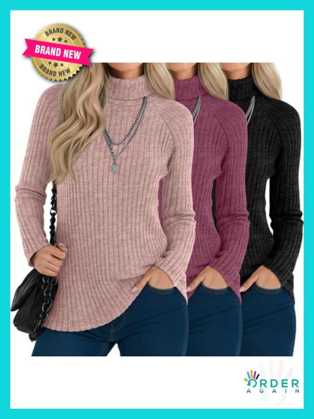 Womens Turtleneck Sweaters Ribbed Knit Long Sleeve Pullover 3 Pack